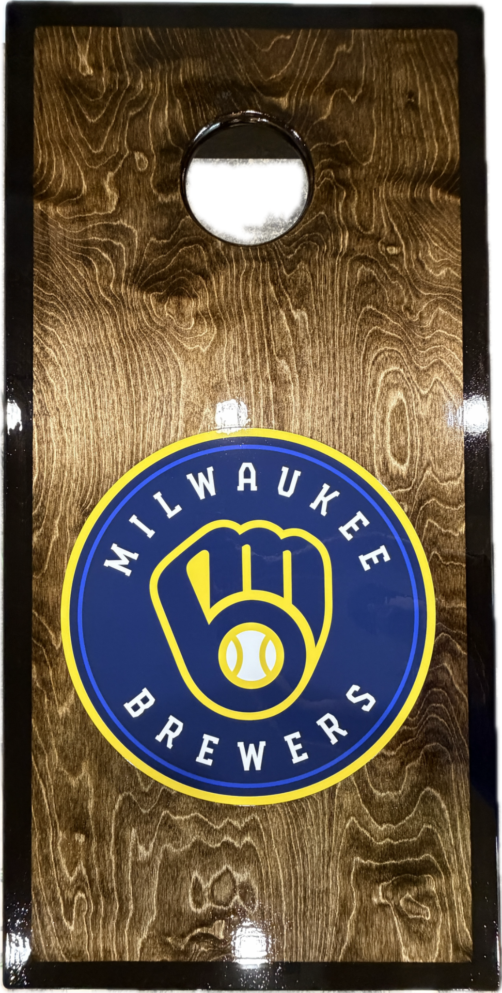 Finished custom Brewers cornhole board
